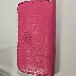 Tory Burch Vibrant Pink Whipstitched Pebbled Leather Wallet
